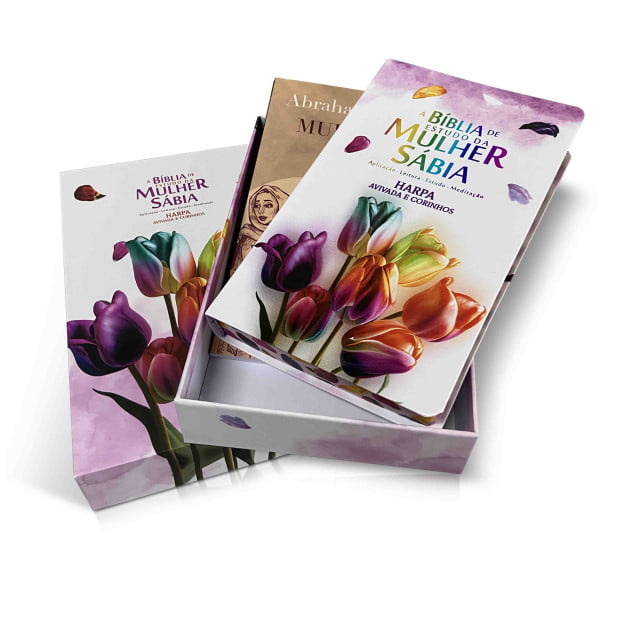 BOX BÍBLIA DE ESTUDO DA MULHER SÁBIA + LIVRO MULHERES DA BÍBLIA - TULIPAS AQUARELA